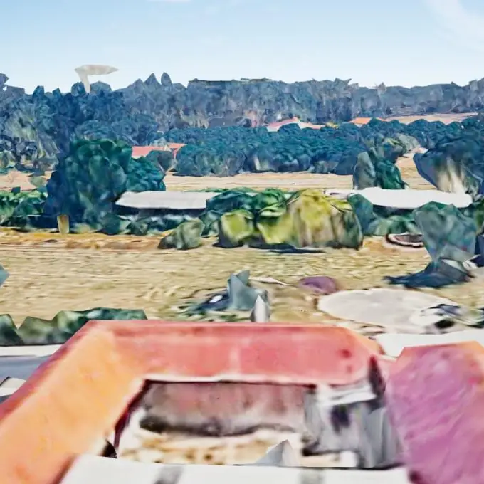 Along the roof, into the trees